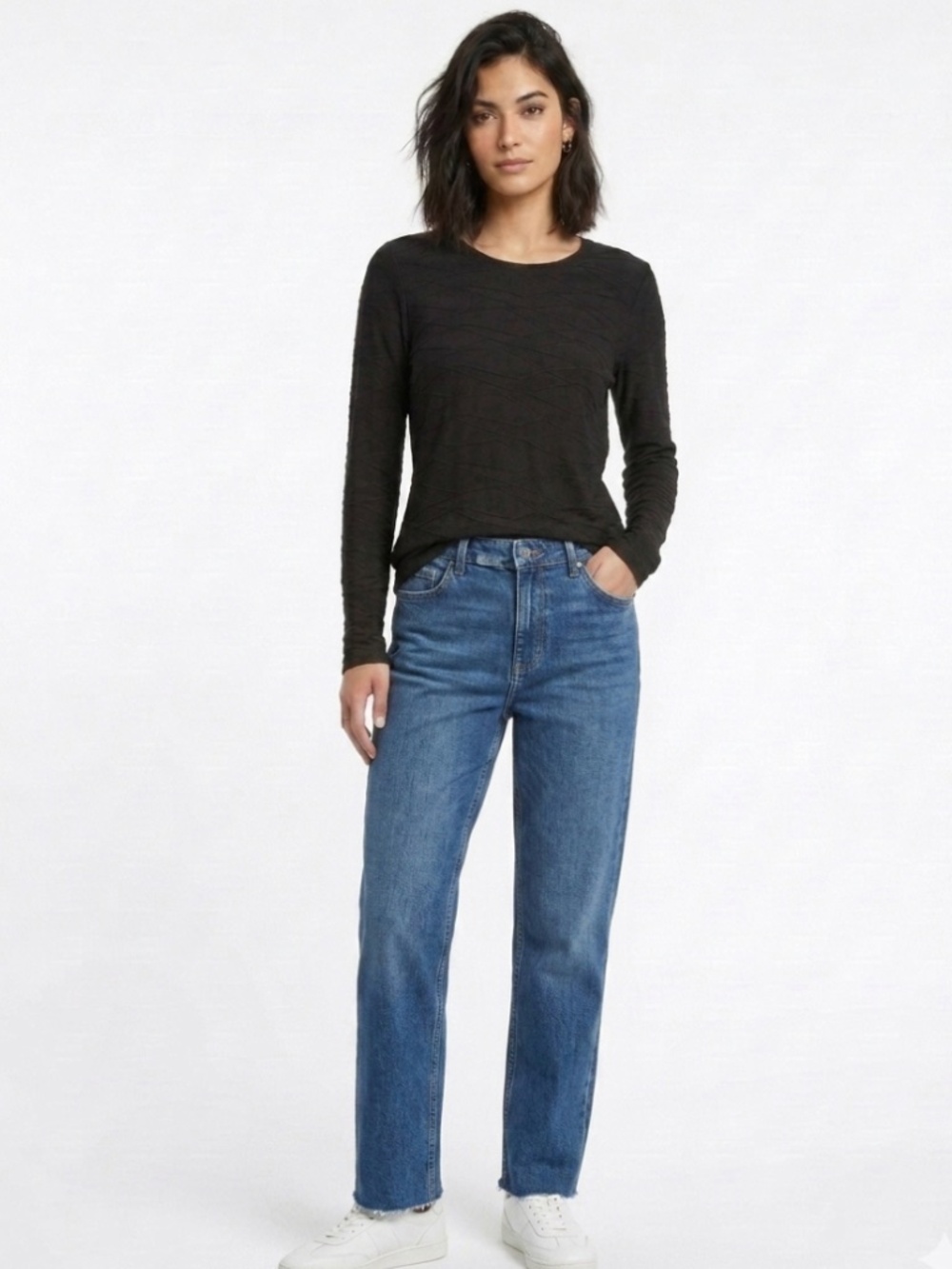 Michael Stars Black Textured Sheer Long Sleeve Classic Casual Top One Size